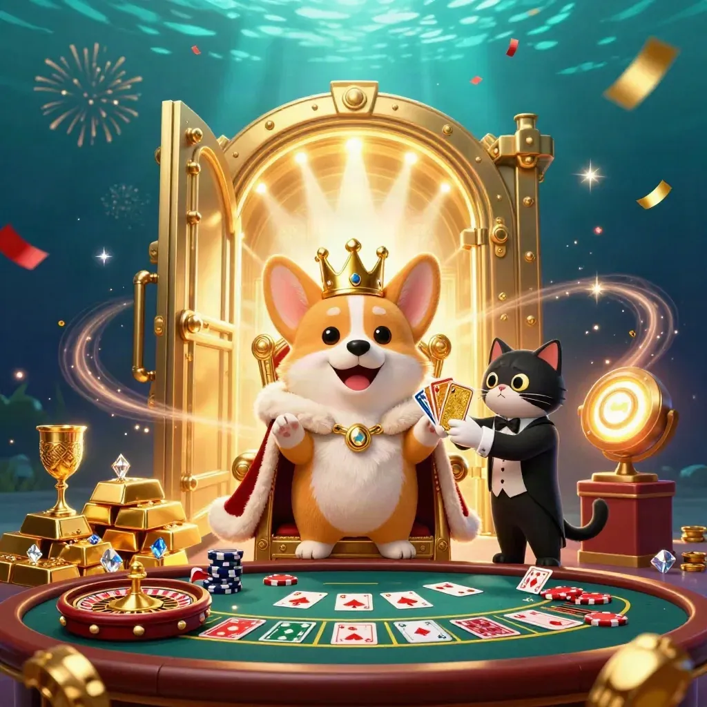 Kucing butler dan corgi mahkota di meja kasino, emas meledak di latar laut gelap.