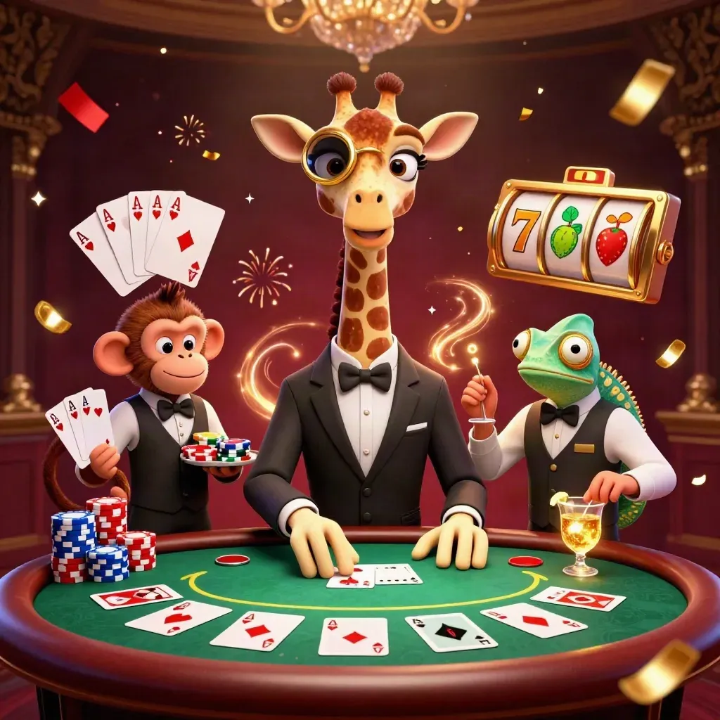Jerapah kasino, monyet valet, dan bunglon bartender di meja poker mewah dengan kartu dan chip beterbangan.