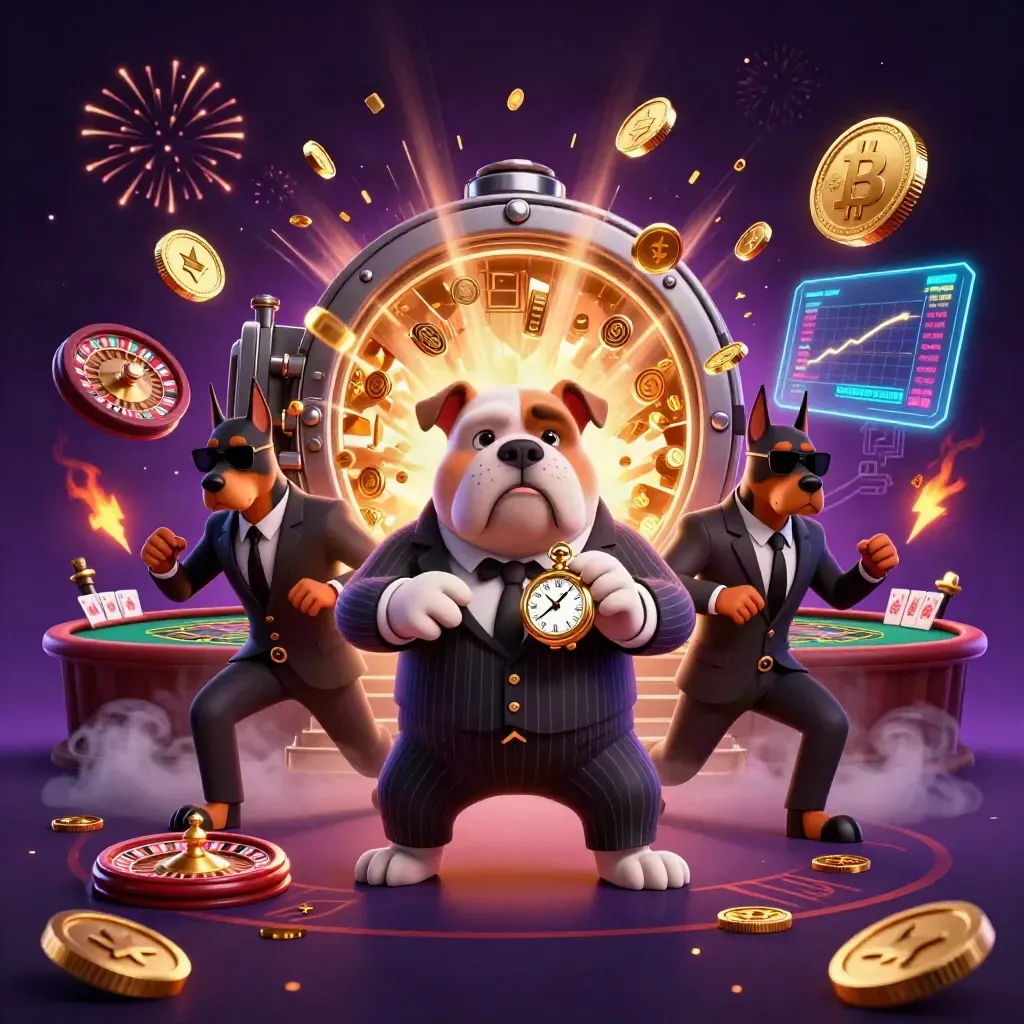 Bulldog bos mafia dan dua doberman dikelilingi koin, api, dan efek kasino mewah.