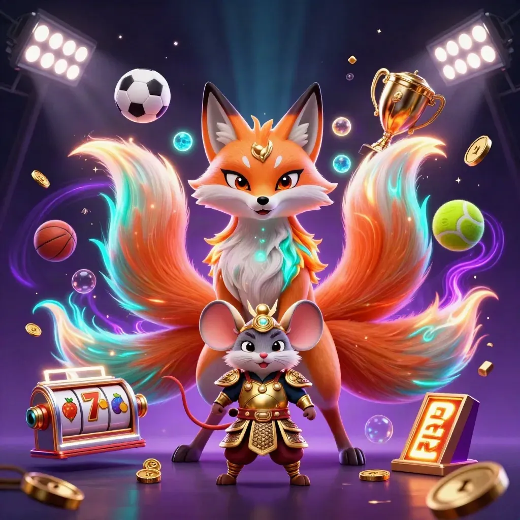 Rubah spirit sembilan ekor dan tikus samurai emas dikelilingi bola, koin, dan efek kasino neon