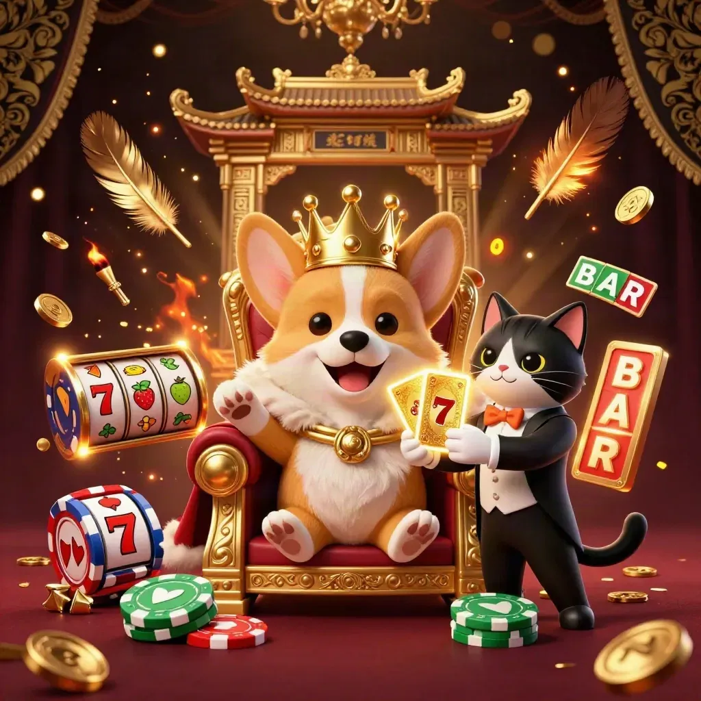 Corgi mahkota dan kucing pelayan di tahta chip, dikelilingi simbol slot emas dan gerbang kuil.