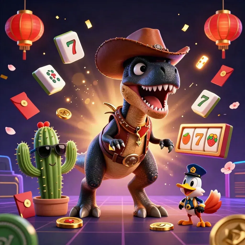 T-Rex koboi, kaktus berkacamata, dan roadrunner di kilau kasino neon emas.